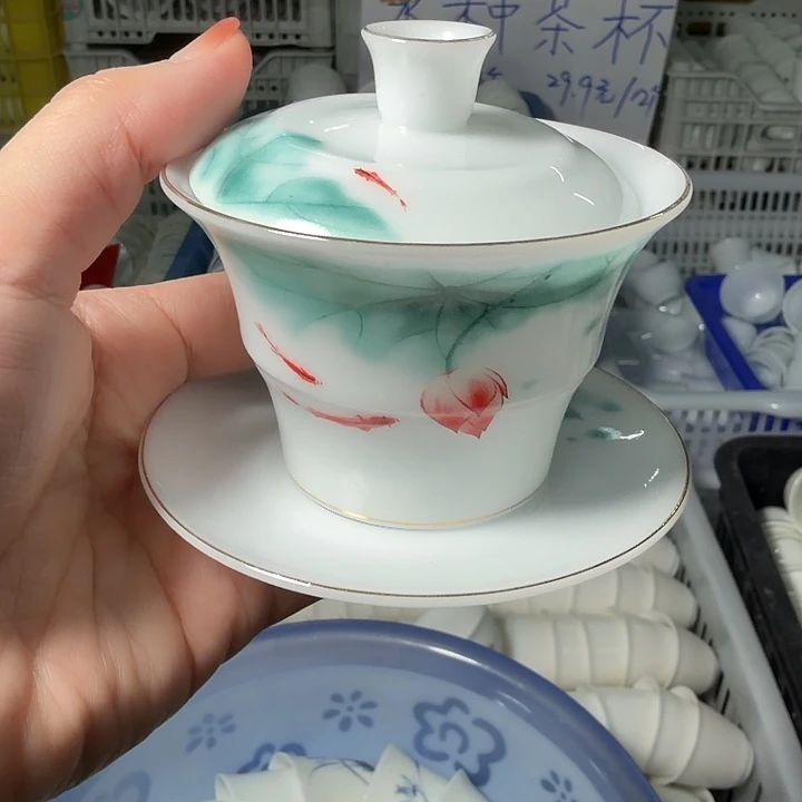 冰种竹节荷花三才盖碗90