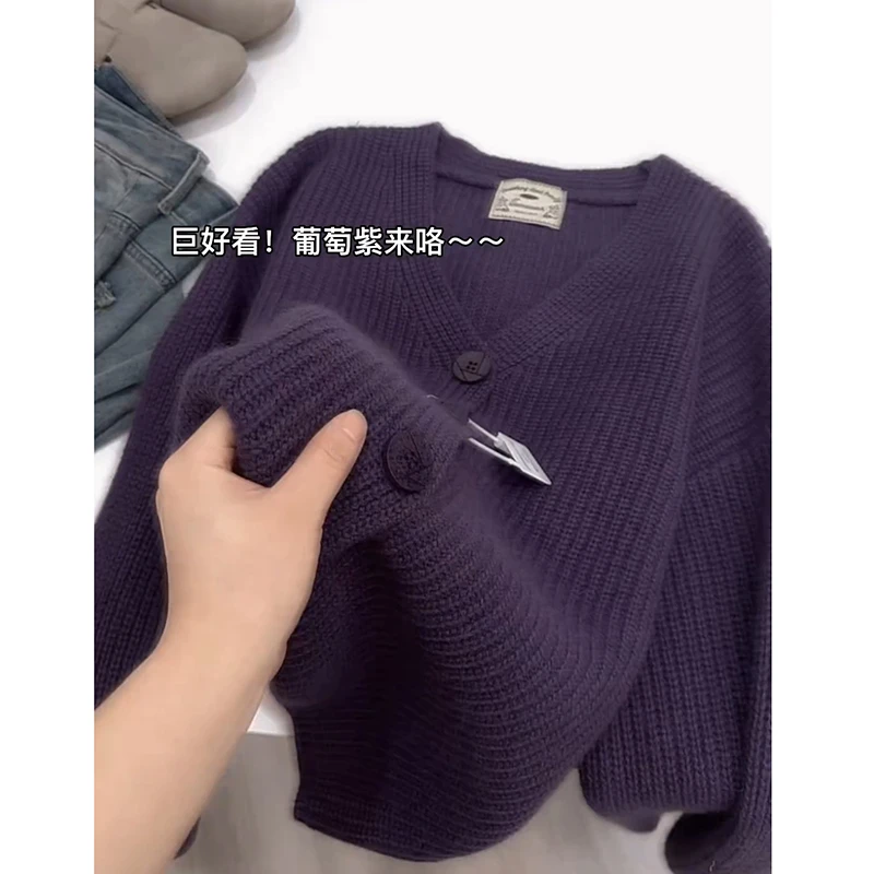超火爆款穿搭休闲长袖v领毛衣2025秋冬新款韩版紫色气质针织衫潮