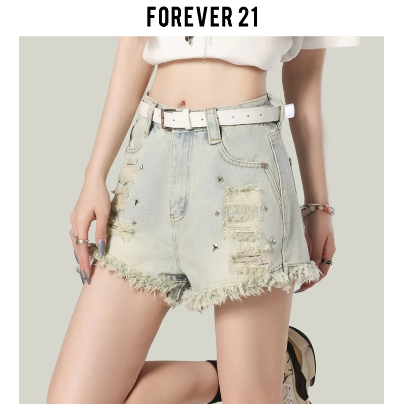 Forever 21辣妹浅蓝色破洞毛边牛仔短裤女夏美式高腰铆钉包臀热裤