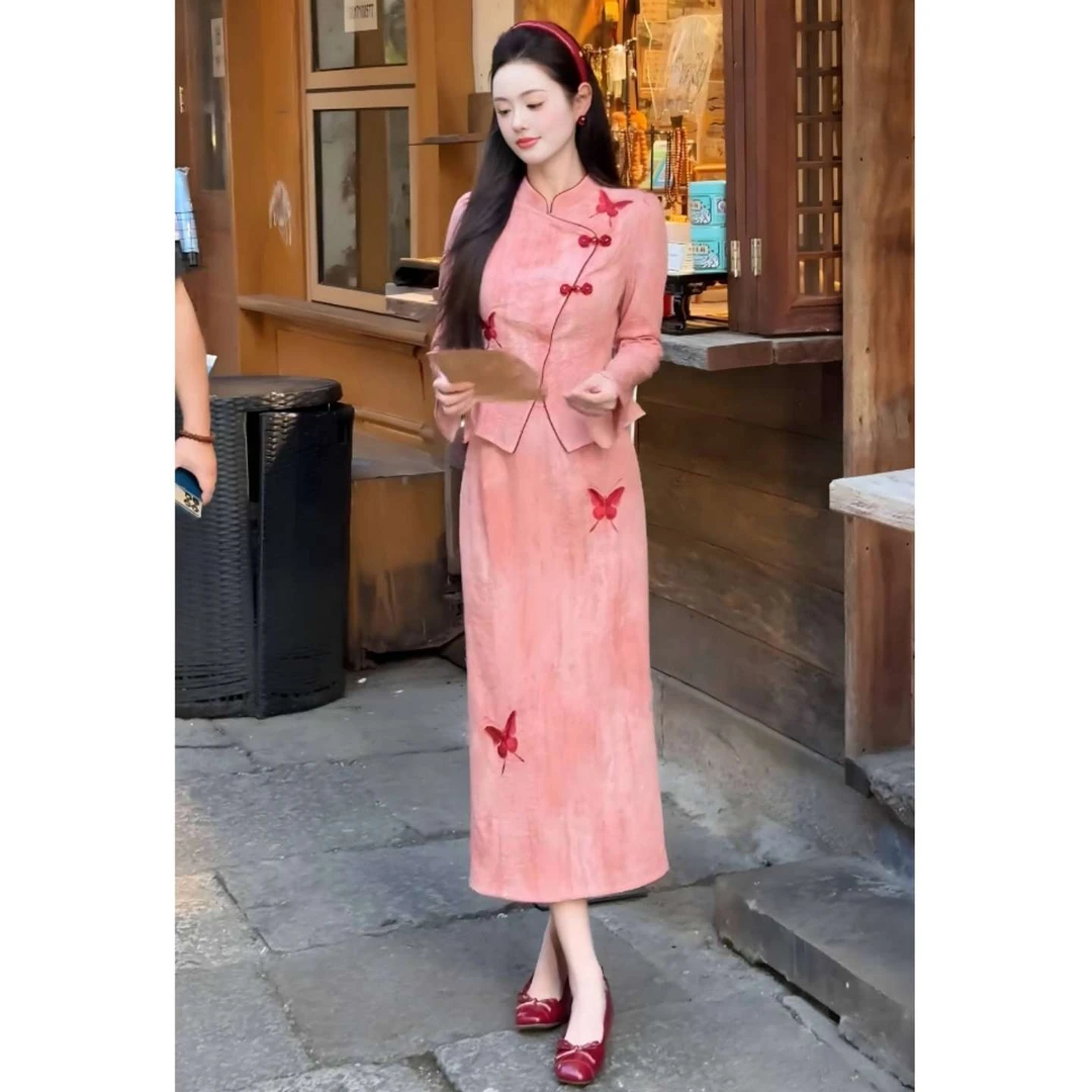 秋季气质显瘦设计感新中式国风撞色梨梨形穿搭新中式秋季女套装