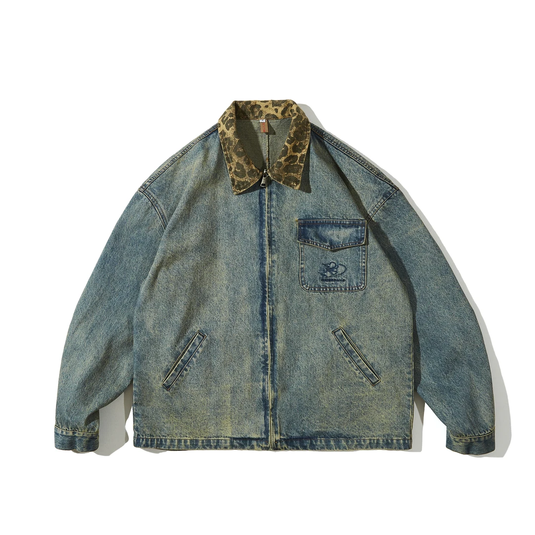 做旧拼接宽松中性风豹纹拉链男夹克美式上衣复古街头男款外套