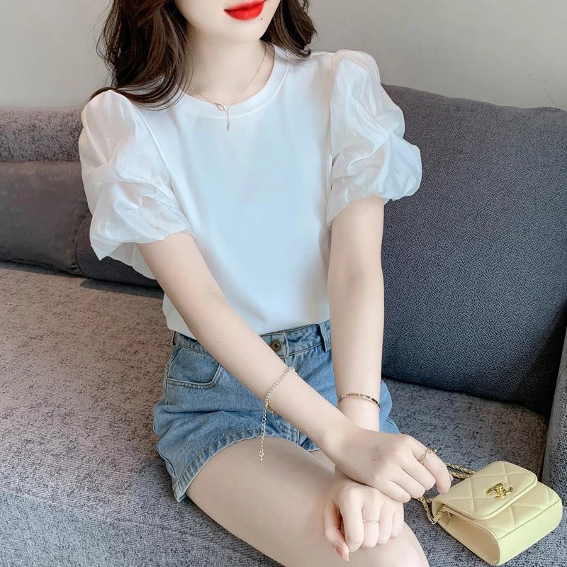 2025夏季新款白色泡泡短袖T恤女设计感小众休闲宽松打底衫上衣潮