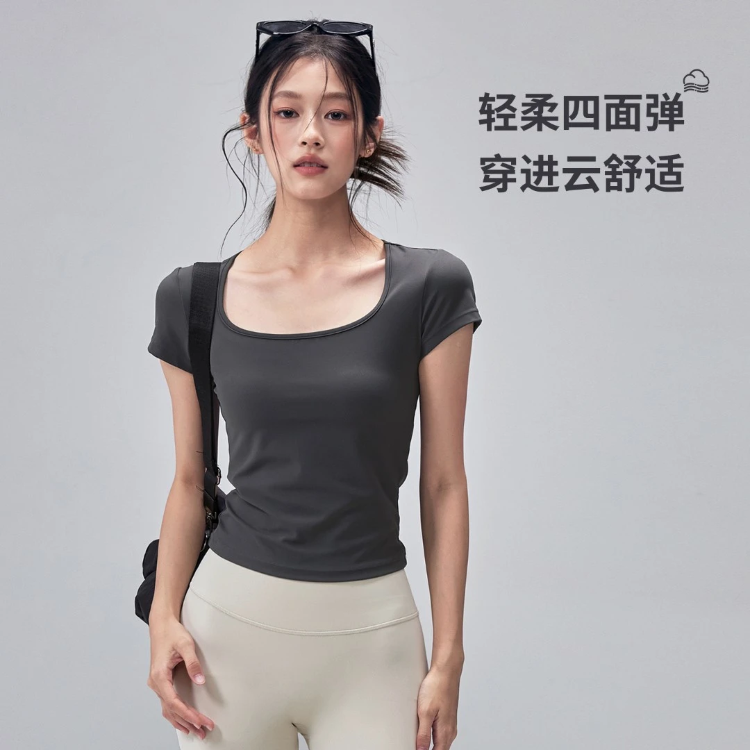 弹力显瘦透气紧身短袖女方领瑜伽服上衣修身速干训练跑步健身T恤
