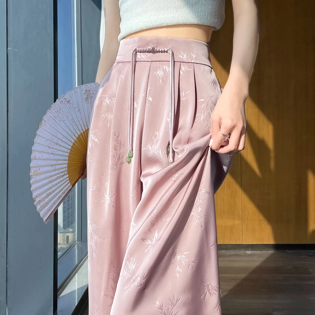新中式缎面提花阔腿裤子女2025春夏新款盘扣高腰显瘦窄版休闲长裤
