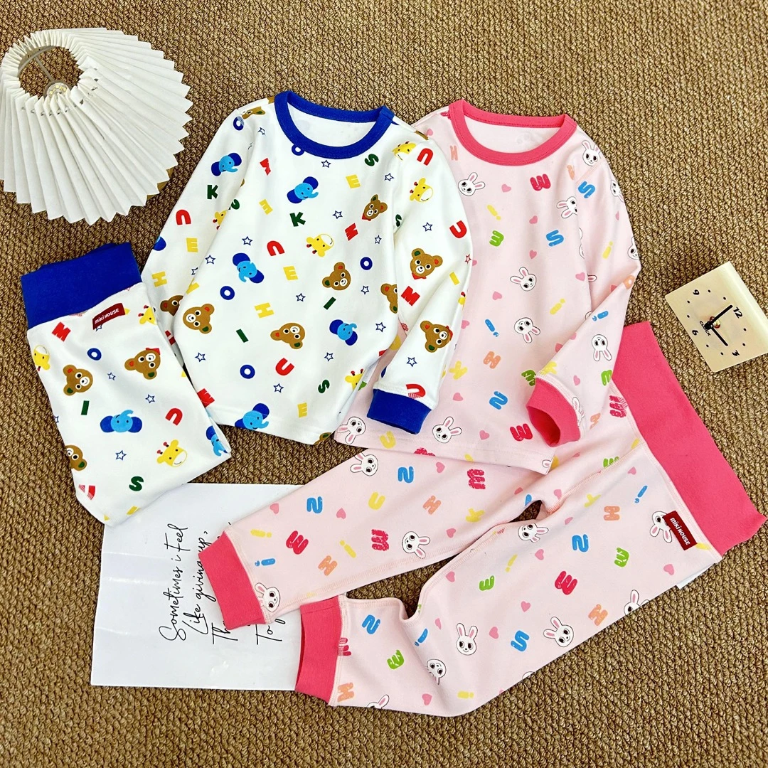 mk男女宝秋冬款儿童秋衣秋裤 满印卡通字母小熊小兔德绒套装36164