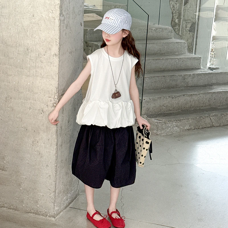 女 童夏装套装时髦拼接背心t恤童装洋气百搭网红儿童休闲裤两件套