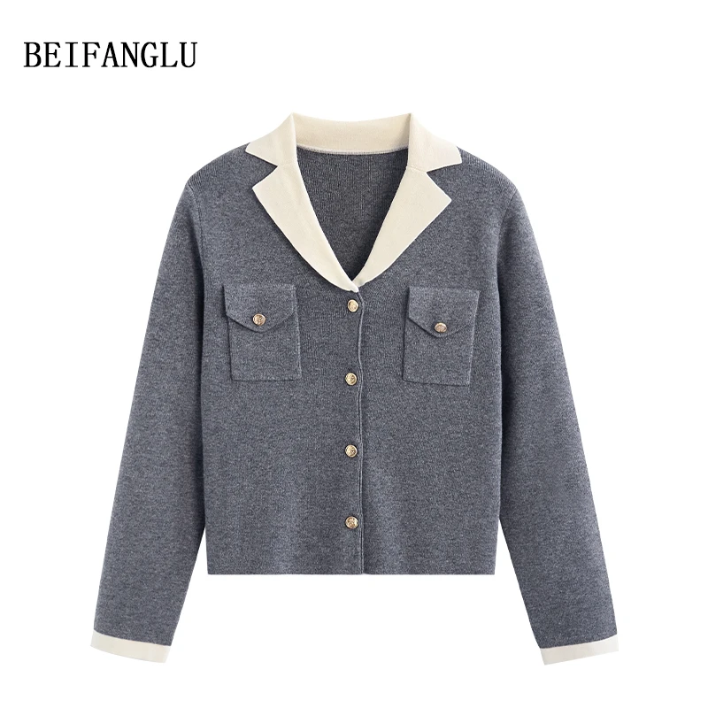 北方鹿【缪系法式文艺范】气质翻驳领2025早春针织开衫女3003