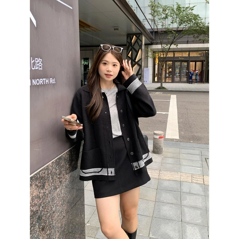 【ALINDM年终大清仓】撞色毛衣开衫外套200斤polo领长袖针织L80072