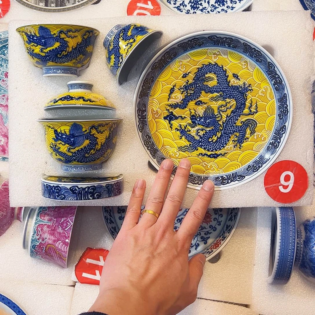 我***了黄釉海水龙纹五件套