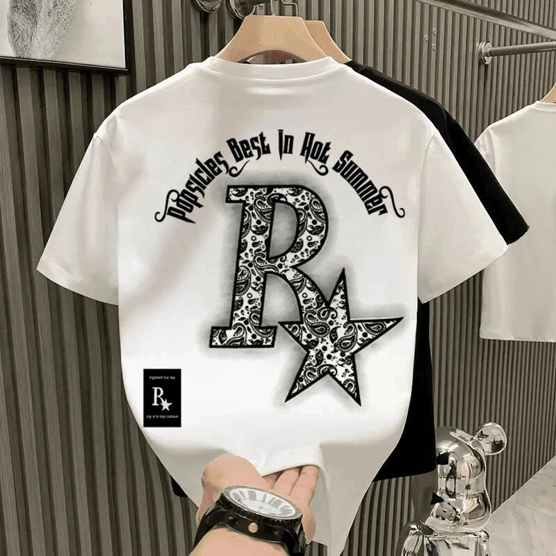 短袖洋气男款爆款新款夏季百搭100%纯棉T恤痞帅宽松印花半袖体恤