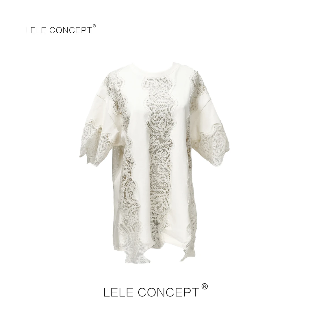 LELE CONCEPT丨圆领蕾丝半袖气质拼接重工宽松TX066