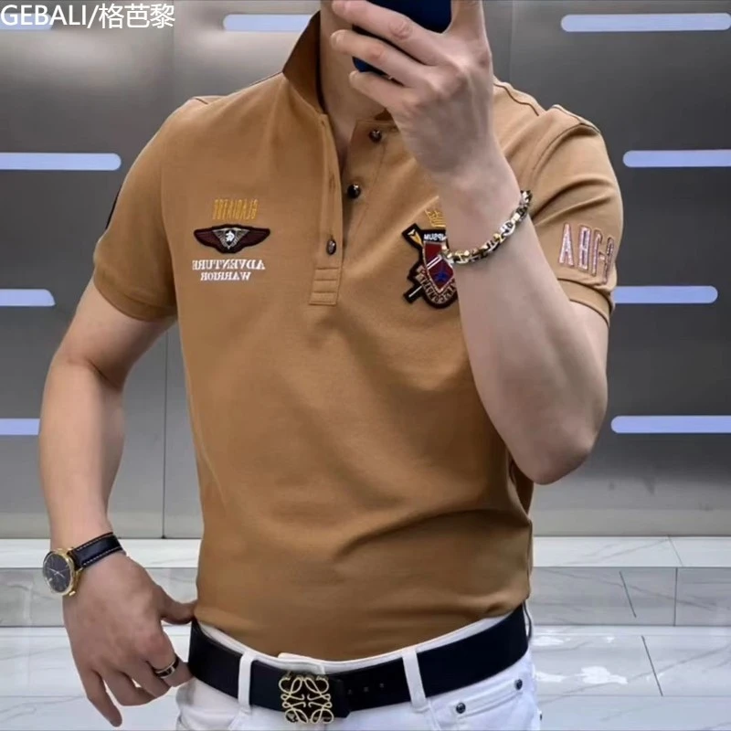 高品质新款男士重工艺刺绣修身翻领夏季短袖衫商务时尚简约潮