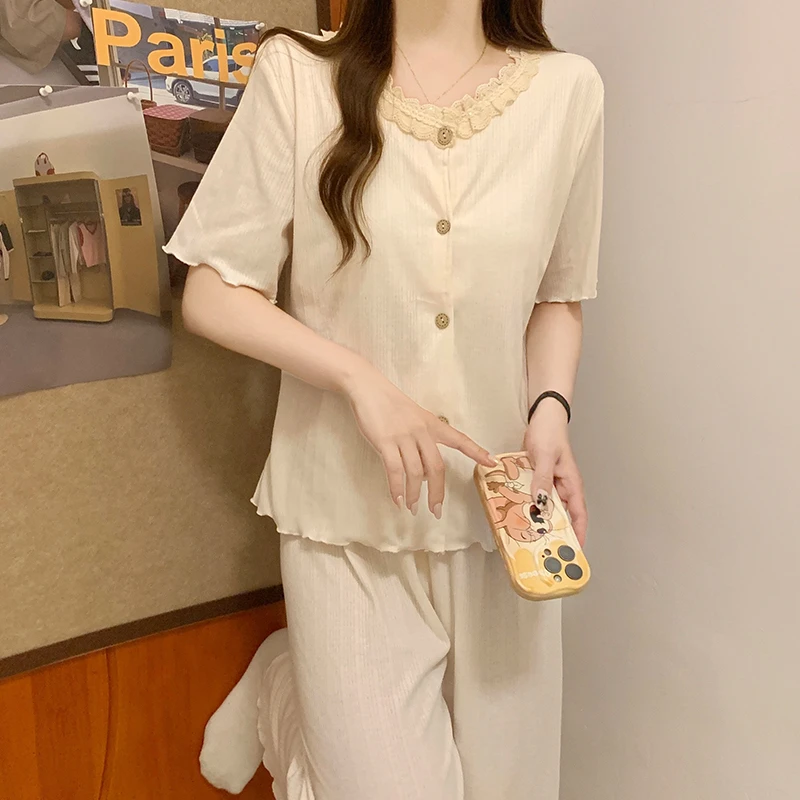 短袖长裤睡衣女款夏季2025新款甜美夏天带胸垫蕾丝奶杏色两三件套