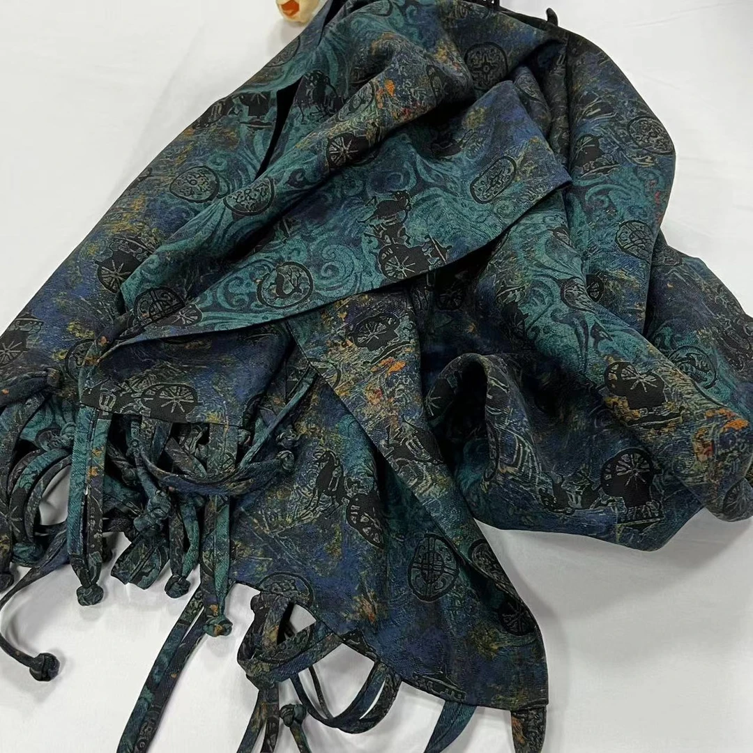 香云纱长巾-倦别山青 四经绞萝流苏盘扣53*200cm丝巾