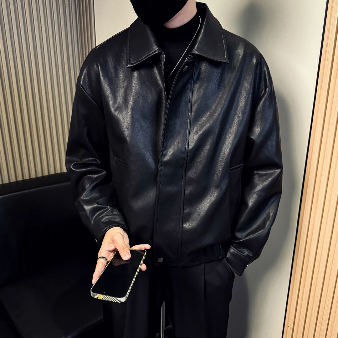 5807春秋季黑色翻领皮衣男潮流极简约商务风方领青年行政皮夹克男