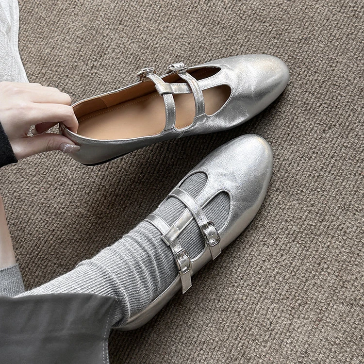 法式时尚圆头平底平跟浅口单鞋女2025年春秋季新款丁字带玛丽珍鞋