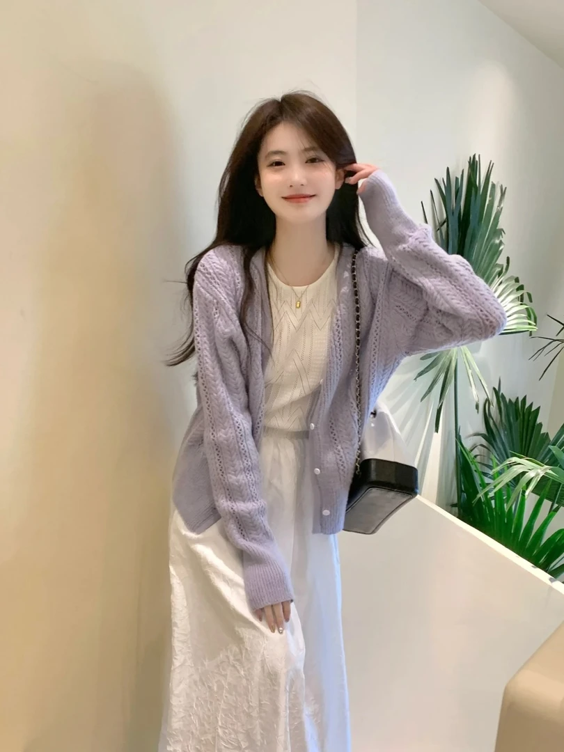 紫色镂空毛衣薄款外套女2025早秋温柔风开衫气质马海毛针织衫上衣