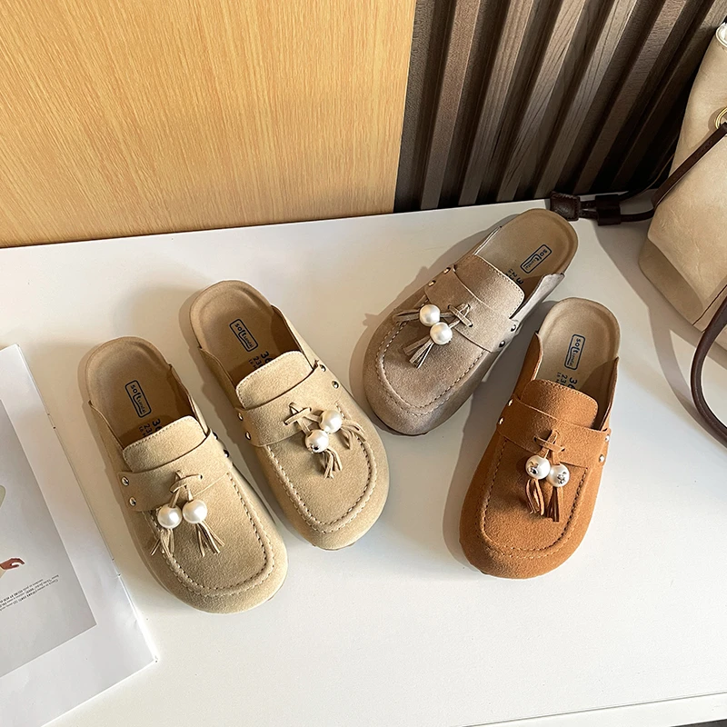 真皮勃肯鞋2025夏季新款厚底一脚蹬懒人包头半拖鞋女外穿流苏凉拖