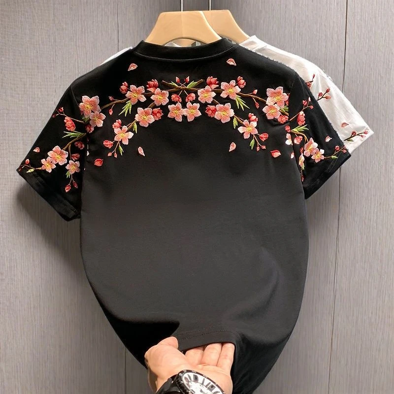 大码300斤国潮风重工梅花刺绣短袖纯棉T恤男女宽松情侣装体恤上衣