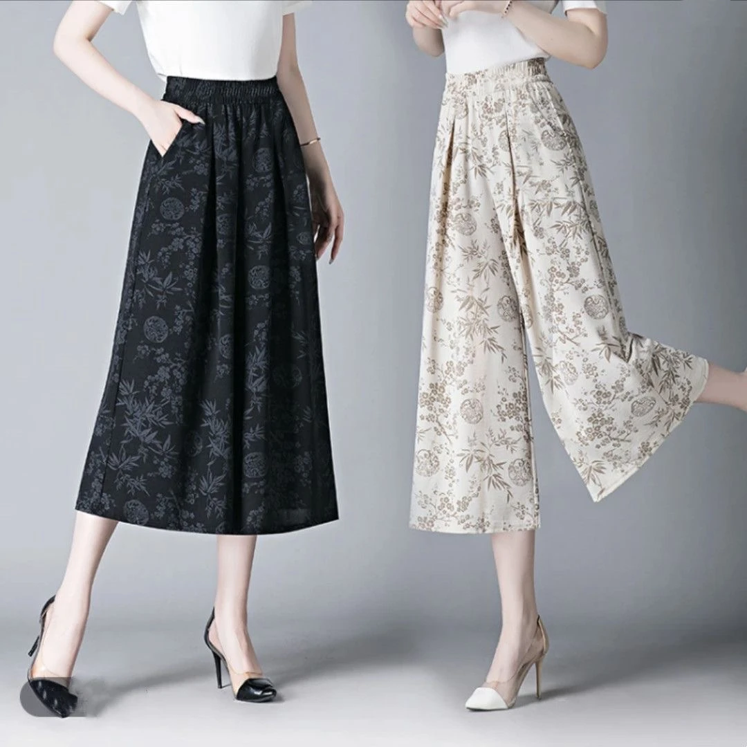 夏季女士国风复古碎花宽松七分休闲裙裤
