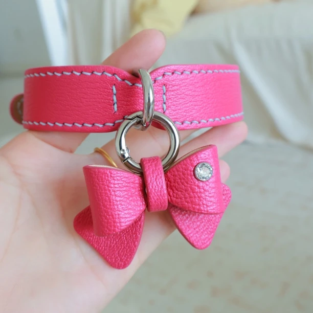 【法羊玫红色】手工宠物项圈羊皮链接