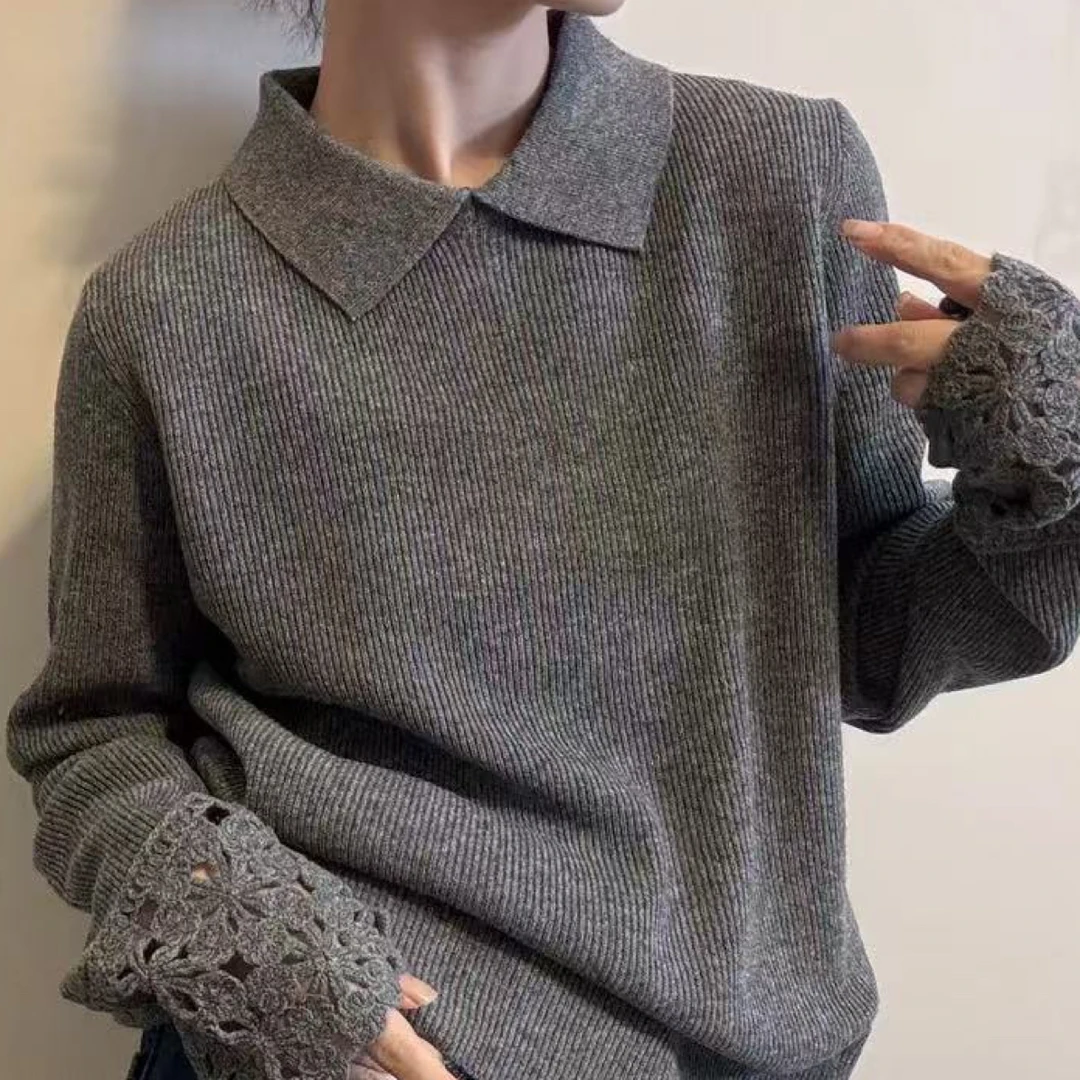 韩系翻领蕾丝拼接针织打底衫女秋冬百搭显瘦内搭毛衣