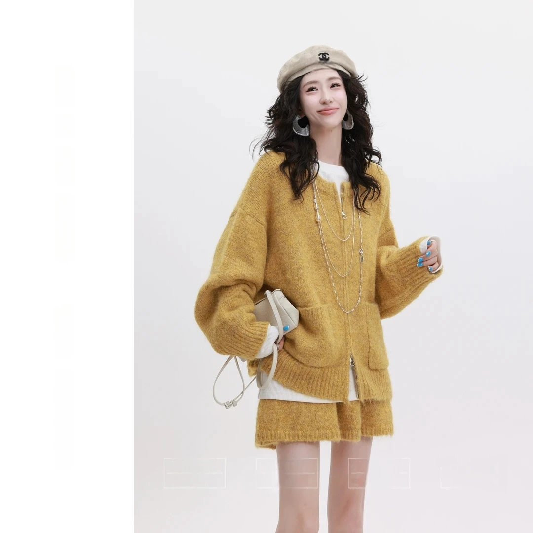 【暖冬纪事】复古纯色百搭开衫毛衣冬季休闲高腰套装BB50594