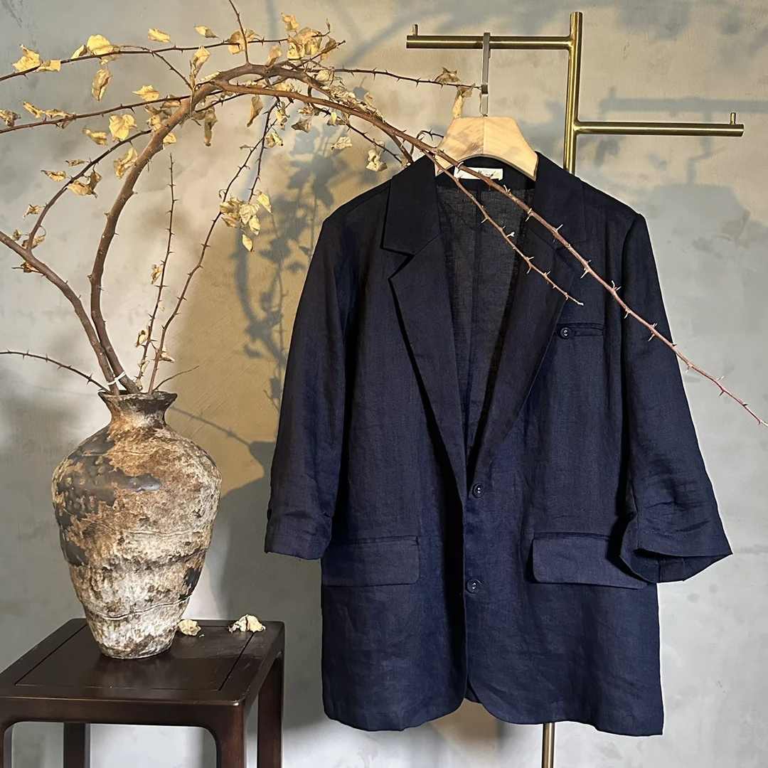 QBD女复古港风亚麻西装知性显瘦职业中长款百搭夏季简约休闲87220