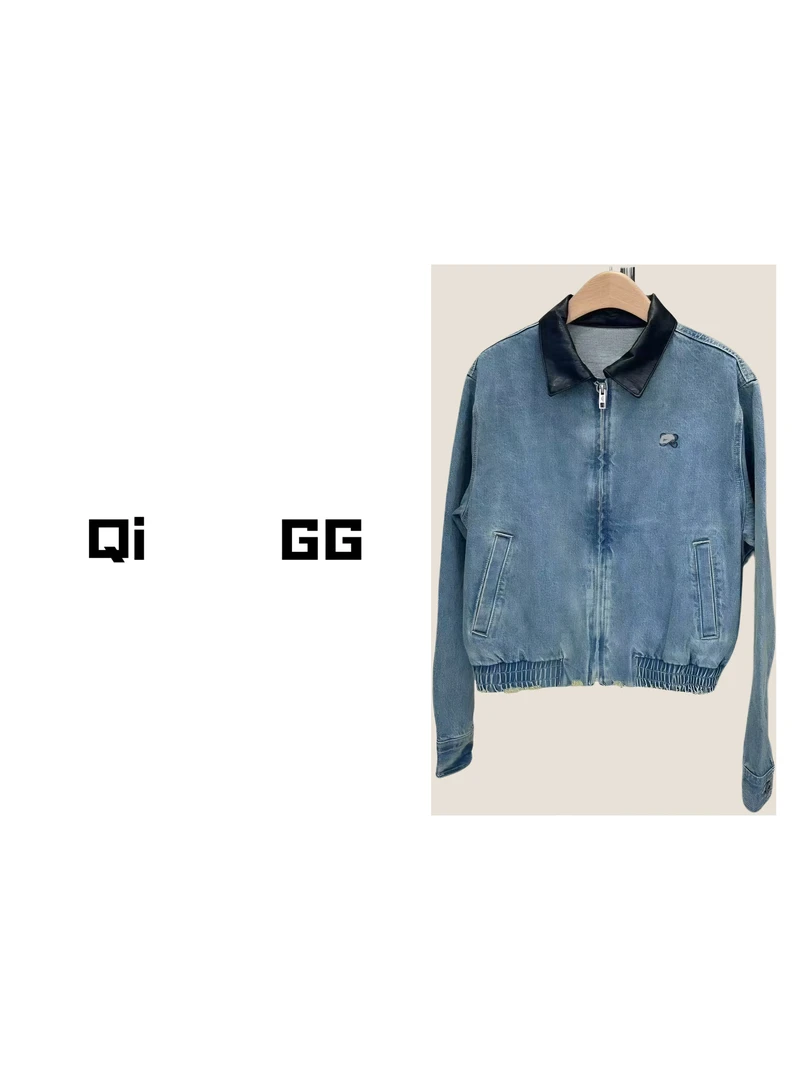 【Qi    GG】明星同款羊皮领拼接水洗牛仔