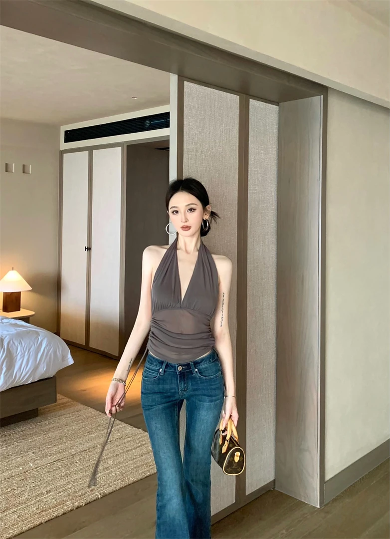 时尚复古气质性感辣妹网纱挂脖背心上衣#8188