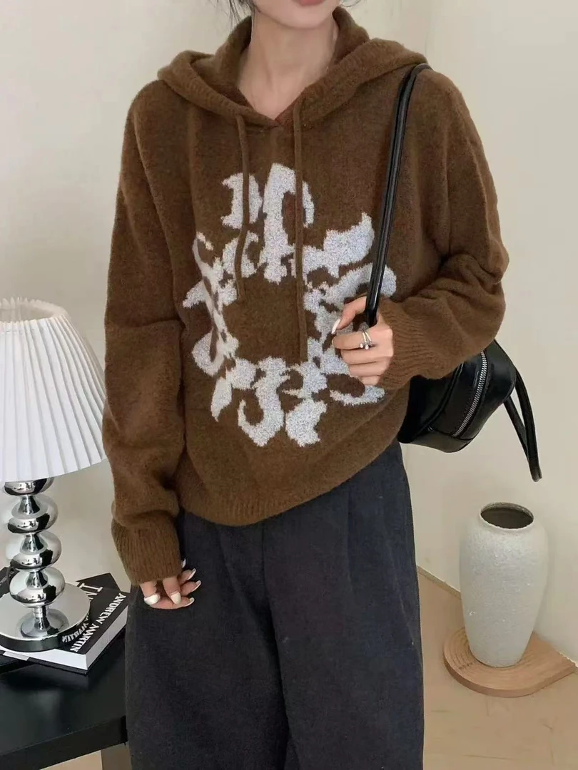 【高端轻奢】慵懒宽松长袖针织帽衫重磅提花加厚毛衣9475