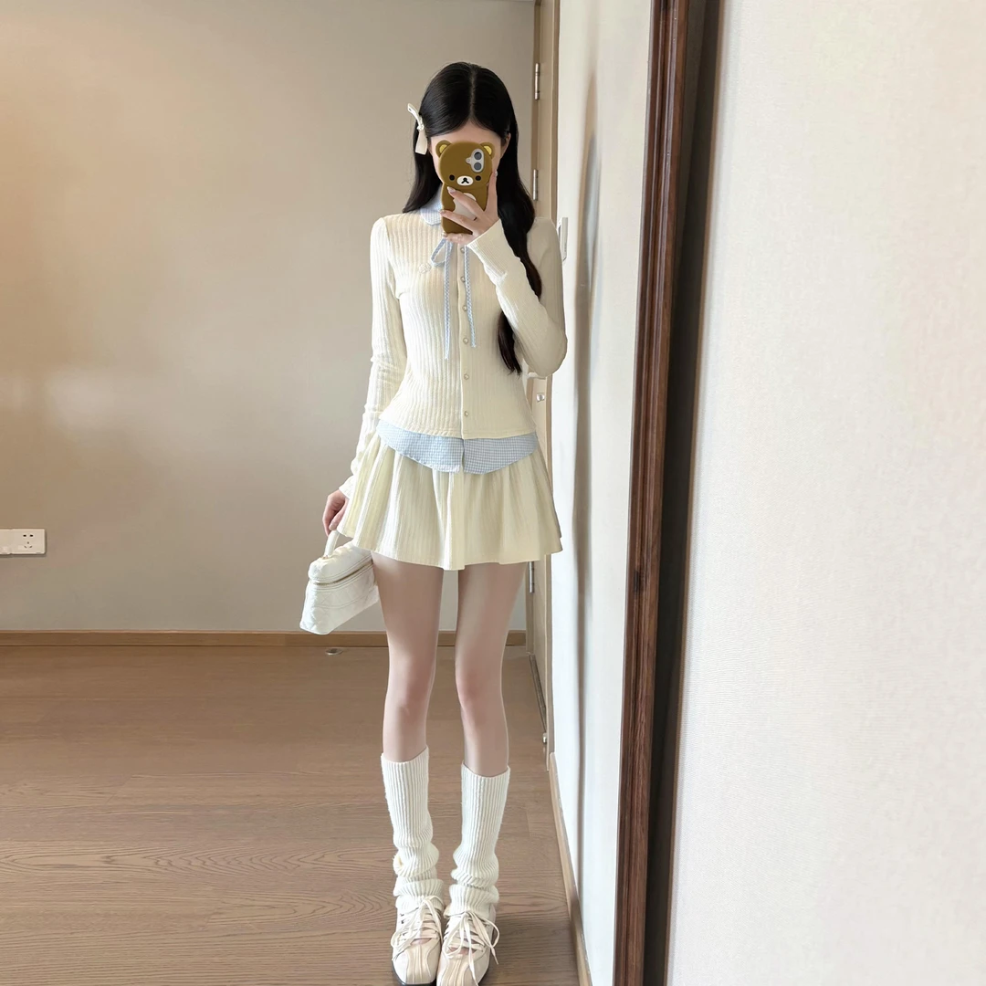 韩系学院风假两件长袖连衣裙子女2025年秋季高腰a字短裙两件套装