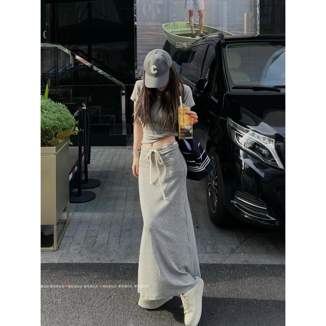 暴走高仙女175高个子灰色抽绳外穿半身裙女2025夏季休闲直筒长裙