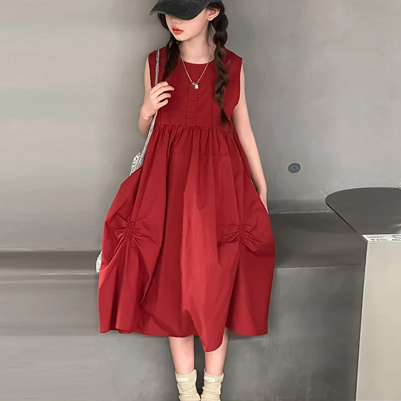 女童连衣裙夏季2025新款女大童红色高级感背心裙儿童夏装漂亮裙子