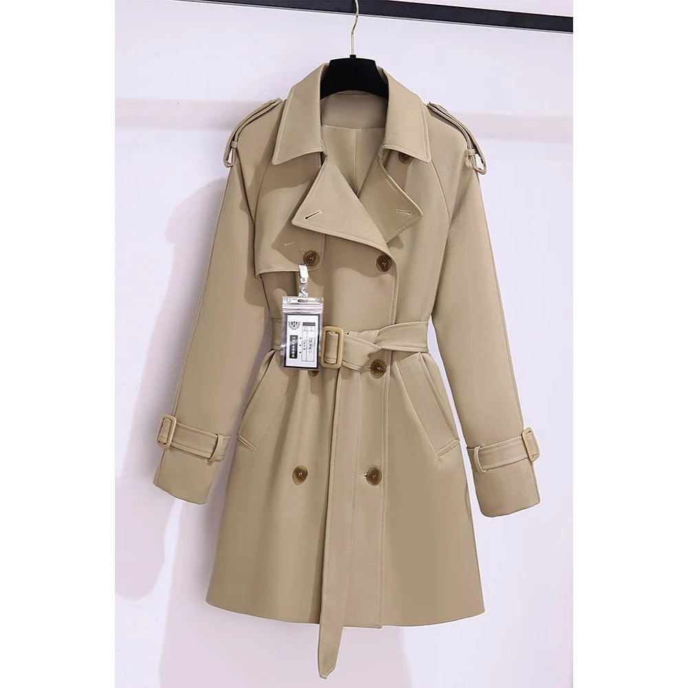 新品韩版小个子气质风衣中长款春秋高档纯色纽扣西装领聚酯纤维外