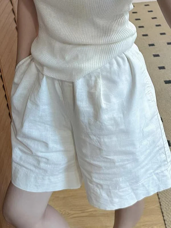 白色高腰松紧腰慵懒阔腿百搭休闲短裤女款夏季宽松运动A字五分裤