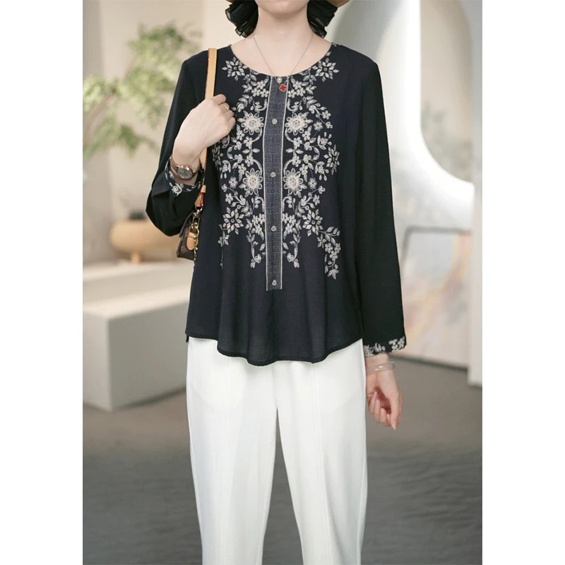 阿吉多黑色长袖印花衬衫女早秋新款洋气减龄宽松大码上衣女A22298