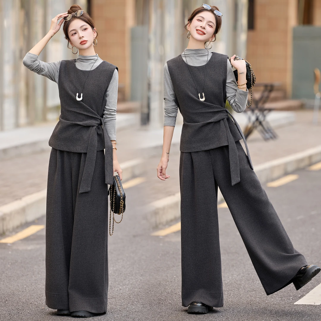 灰色毛呢马甲半身裙套装女2025秋冬季高级感轻熟风气质三件套潮款