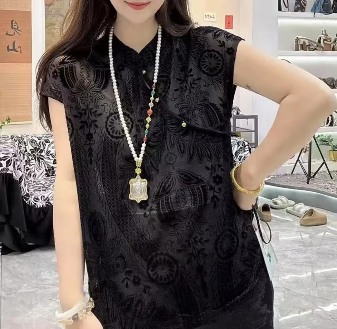 新中式国风高端优雅复古黑色上衣女夏季新款时尚盘扣斜襟改良T恤