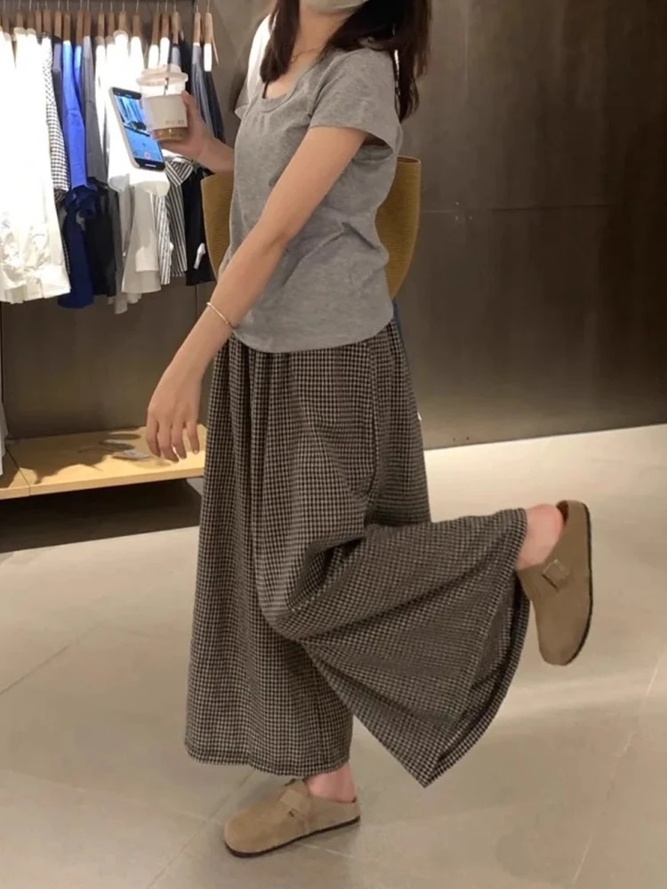 慵懒风格子裙裤2025大码胖mm梨形身材宽松显瘦九分阔腿休闲裤