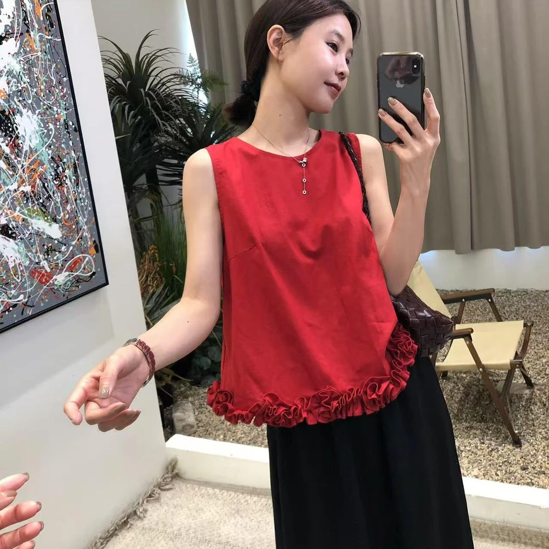 俏皮少女心！夏季通勤手工褶皱边花边下摆百搭背心小衫显瘦上衣夏