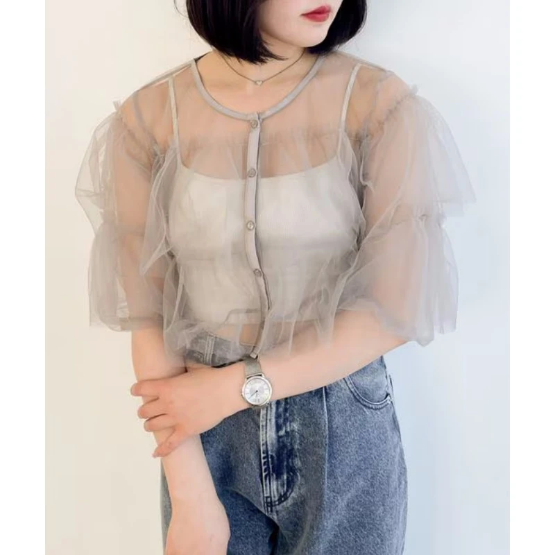 【DD外贸】 夏季新款 H 甜美仙女亲肤细腻叠穿网纱小上衣气质百搭