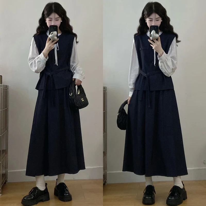 大码胖mm女装秋季新款木耳边衬衣+显瘦马甲+半身裙三件套装女