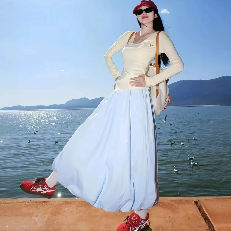 蓝色花苞半身裙女夏季2025新款高腰显瘦a字小个子中长款蓬蓬伞裙