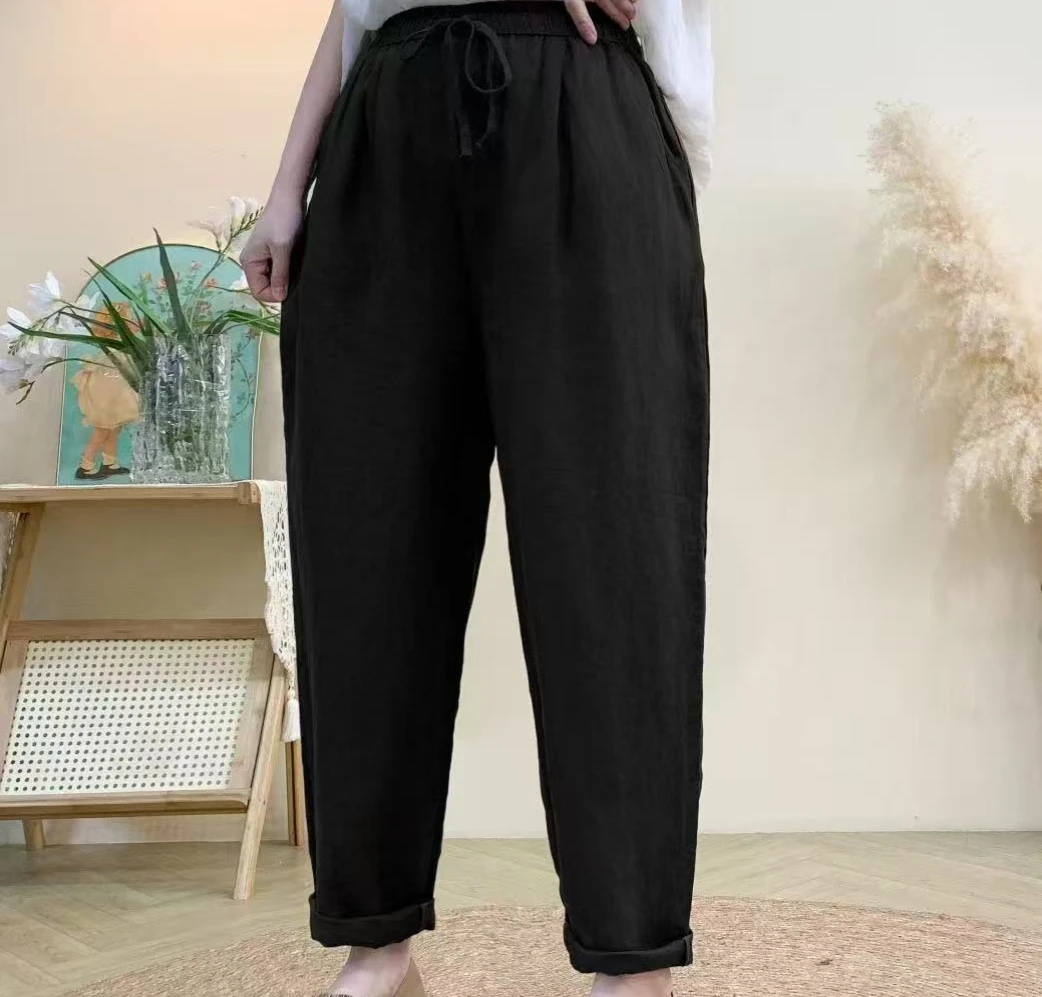 宽松显瘦百搭亚麻小脚裤高端大气