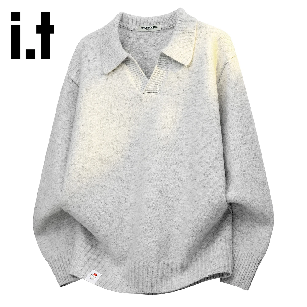 it:CHOCOOLATE秋冬新款V领针织毛衣男宽松休闲打底保暖衫上衣外套