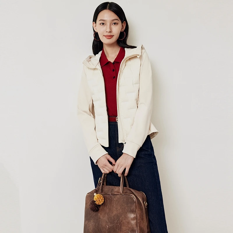 firststation休闲连帽异料拼接修身短款羽绒服女25秋新款Y101A