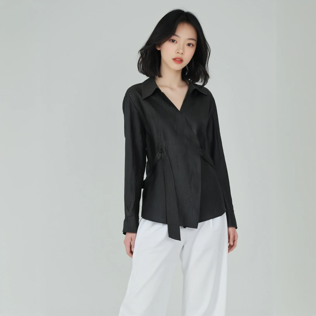 Miss Studio2025新款高级感御姐范衬衫设计感Polo领后绑带