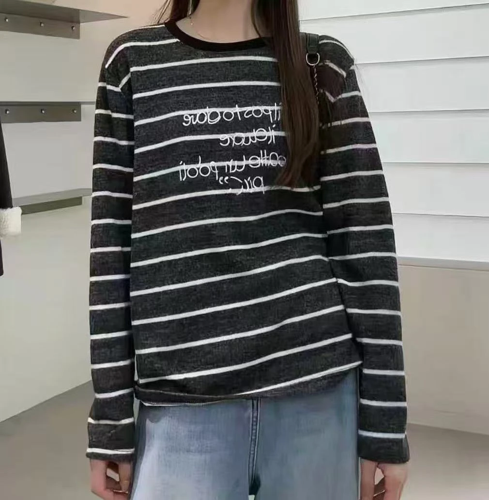 Hello（0218-3#）百搭休闲圆领条纹叠穿长袖上衣