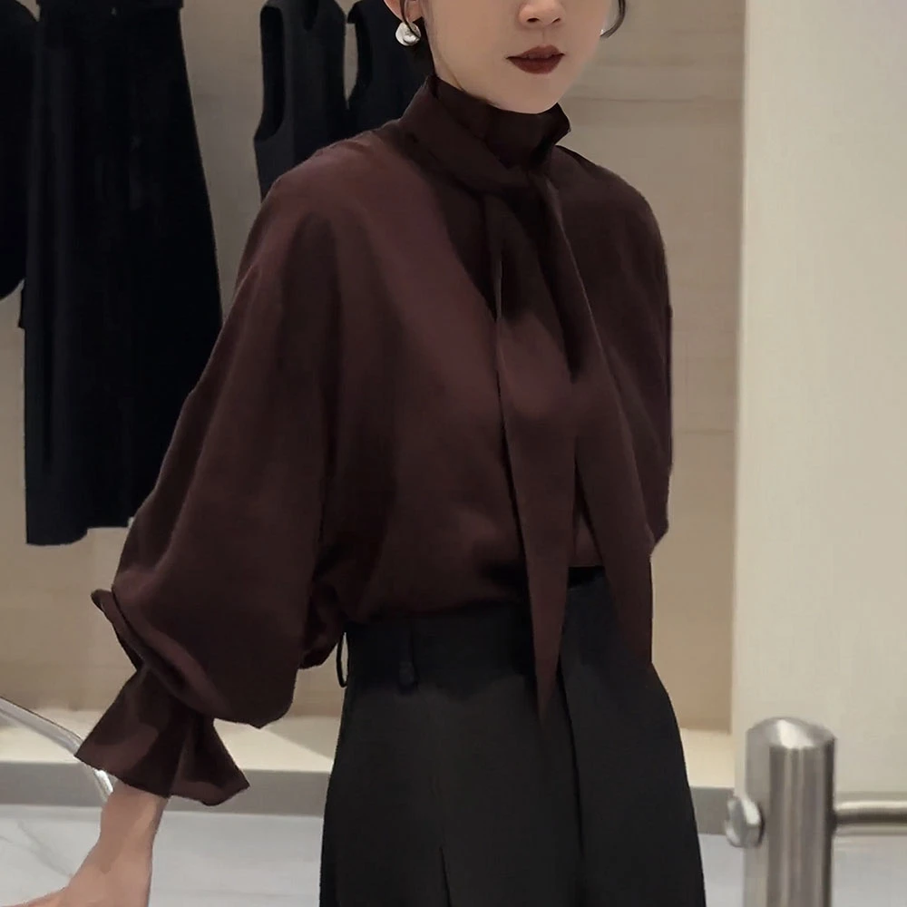 秋新款女飘带领长袖衬衫时尚高级感宽松显瘦减龄洋气百搭衬衣上衣
